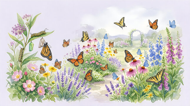 Colorful butterflies and caterpillars in a beautiful summer flower garden illustration