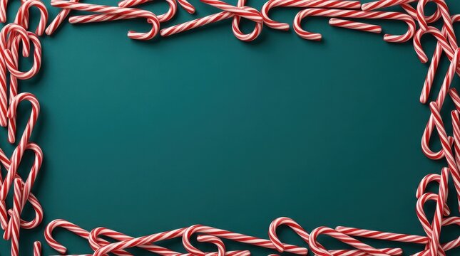 Festive Christmas holiday background featuring a full rectangular frame border arrangement of red and white striped candy canes against a solid dark teal surface with generous copy space in