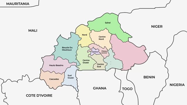 Burkina Faso map with regions and provinces, West Africa country boundaries animation on white background