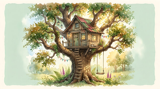 Cute wooden tree house built in a large leafy tree with a swing and a ladder