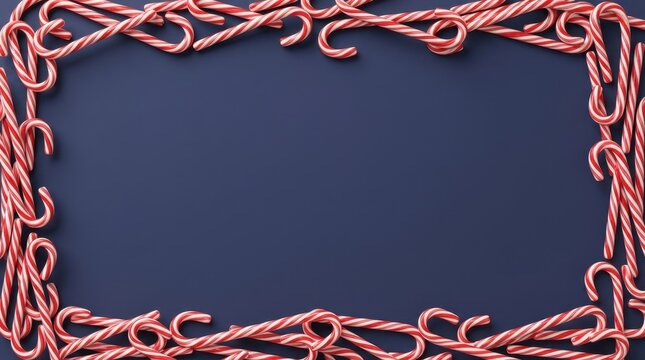 Festive winter holiday background featuring a decorative border arrangement of red and white striped candy canes against a solid dark blue surface with generous negative space