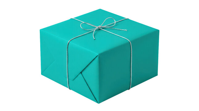 Teal gift box, photorealistic premium square package with vibrant teal wrapping and an elegant silver string-style decorative detail, crisp edges, smooth paper surface and contemporary festive