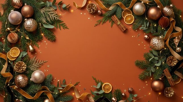 Festive winter holiday background featuring an elaborate arrangement of bronze and gold ornaments, pine greenery, dried citrus slices, cinnamon sticks, and glowing fairy lights framing a ric