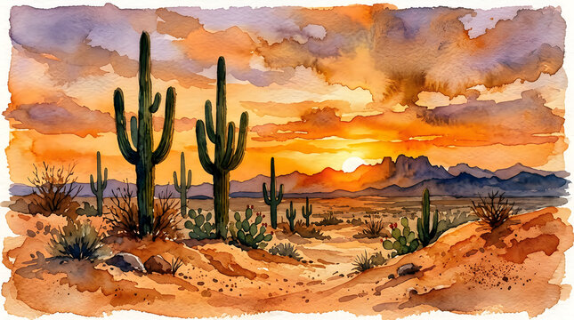 Watercolor painting of a beautiful desert landscape with tall saguaro cacti at sunset