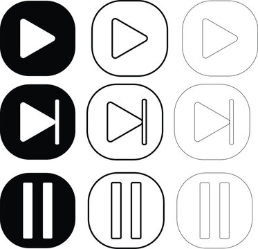 media player control icon set with play pause and next buttons in filled and outline styles