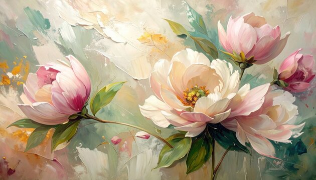 Blush pink and warm alabaster abstract floral canvas painting with palette knife impasto texture and sweeping organic gesture