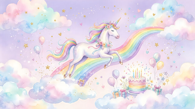 Cute magical unicorn flying in the sky with a colorful rainbow and fluffy clouds