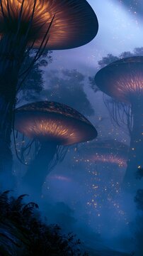 Glowing mushroom trees in a misty blue alien jungle at twilight