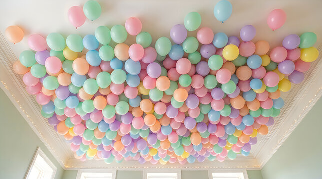 Colorful pastel balloons floating on a ceiling for a party decoration
