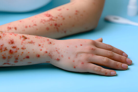 Modern clinical diagnostic presentation mockup with empty space showing viral dermatitis papules over blue background.