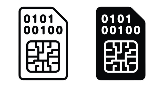SIM card icons with binary code and microchip for mobile data technology