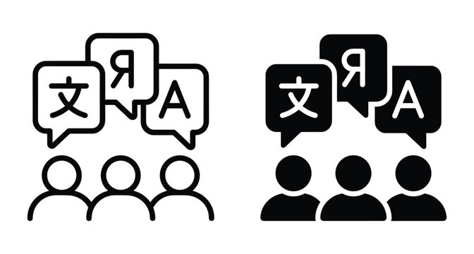 Language translation icon set showing people communicating in multiple foreign tongues and dialects
