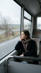 Naklejka premium A pensive young woman looks out the bus window during a trip; a passenger, lost in thought, travels on public transport—a minimalist travel concept.