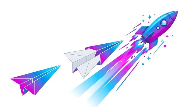 Futuristic rocket ship flying high with paper airplanes symbolising business growth and startup evolution concept illustration