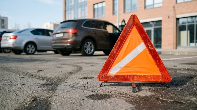 Bright orange triangular warning sign on asphalt, a roadside emergency signal for vehicle breakdown or accident, safety equipment for drivers, road hazard alert.