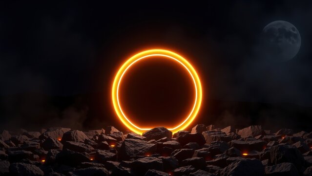 Dark landscape features glowing orange circle. Rocks surround portal, moon visible distant sky. Mysterious, ominous scene.
