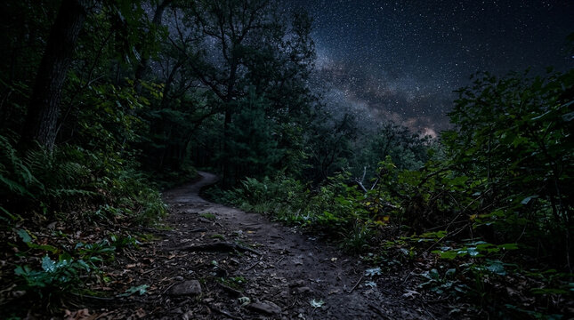 A winding dirt path disappears into a dark forest under a clear night sky filled with bright stars
