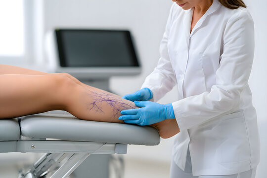 Minimalist vascular surgery template featuring medical specialist inspecting spider veins disease site