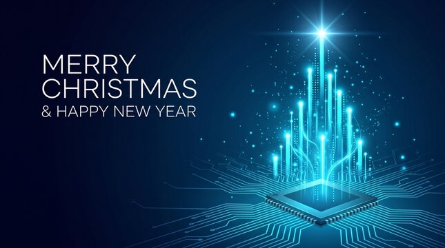 Digital christmas tree made of light beams rising from a computer chip circuit board with engineering