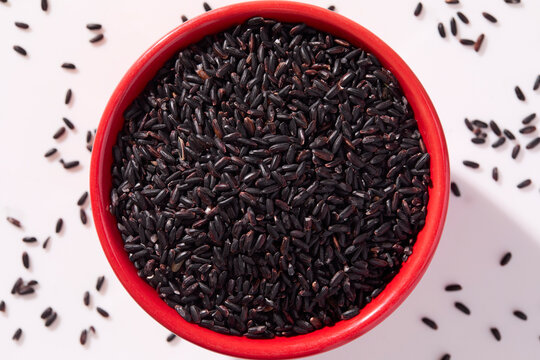 Overhead view of bowl of black rice