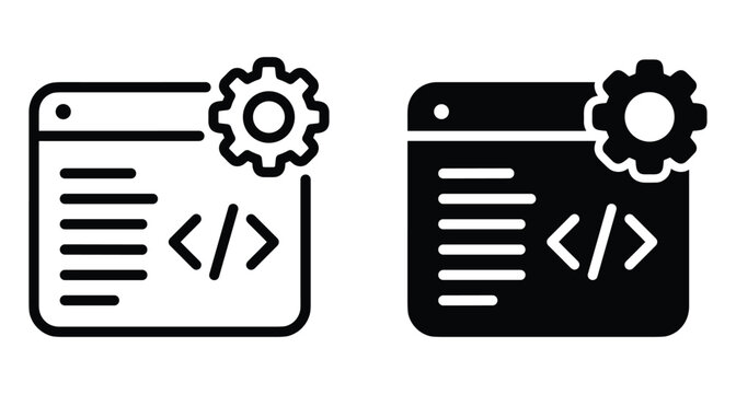 Web development and coding browser window icons with gear and code brackets