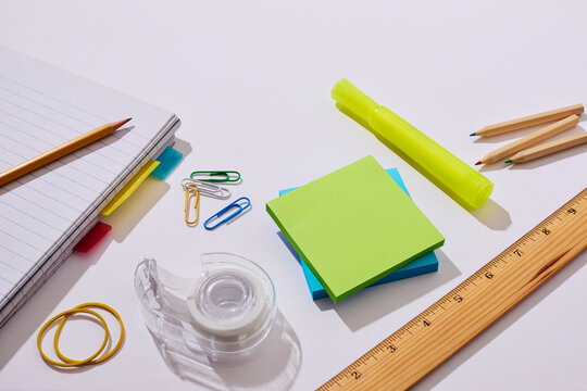School supplies on white background