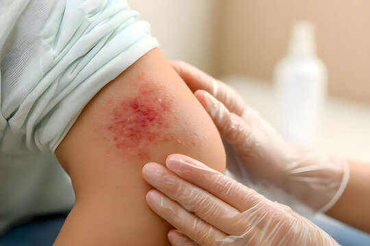 Healthcare clinical presentation mockup showing a doctor inspecting herpes zoster virus infection site.
