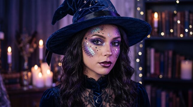 Portrait of a beautiful young woman wearing witch hat and celestial magical makeup for Halloween in library room