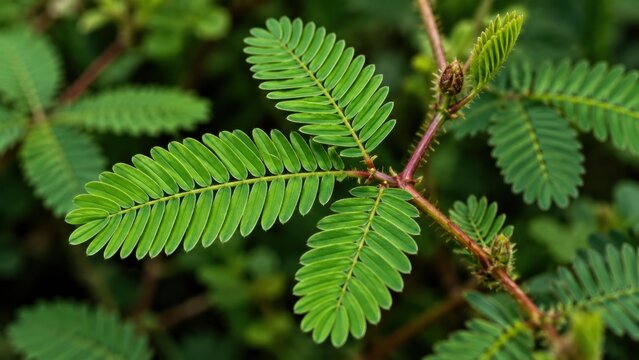 Fresh green mimosa leaves with tiny thorns on a natural background with delicate mimosa pudica plant
