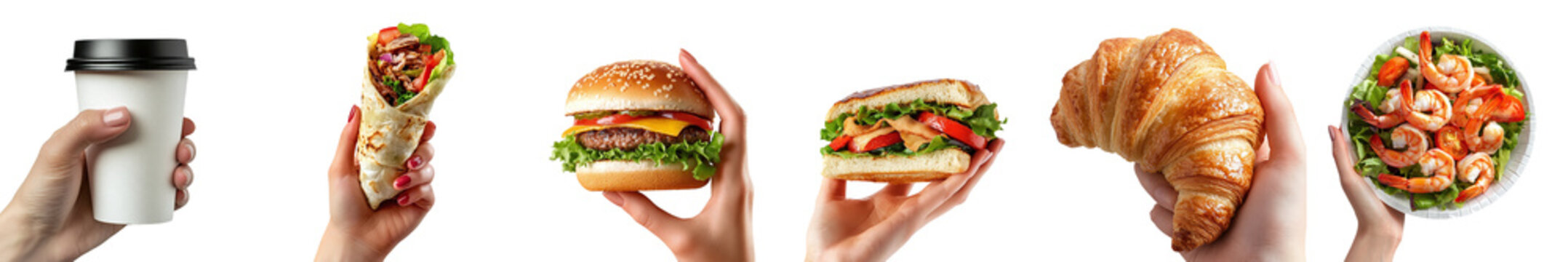 Set of various food items in hands: coffee, shawarma, burger, hot dog, salad, and croissant, isolated on a transparent background PNG, clipping path, template, mockup, and cut out