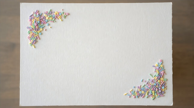 Colorful sweet sprinkles arranged in two corners on a plain white paper background