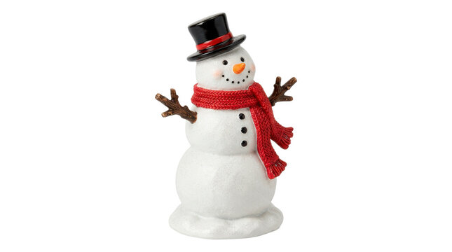 Snowman figurine, photorealistic classic white snowman with black top hat, red knitted scarf and twig-like arm details integrated into the figure, cheerful traditional winter styling, front