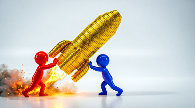 Red and blue 3D dummy characters launching a rocket made of gold coins with fire and smoke for financial startup and business growth concepts
