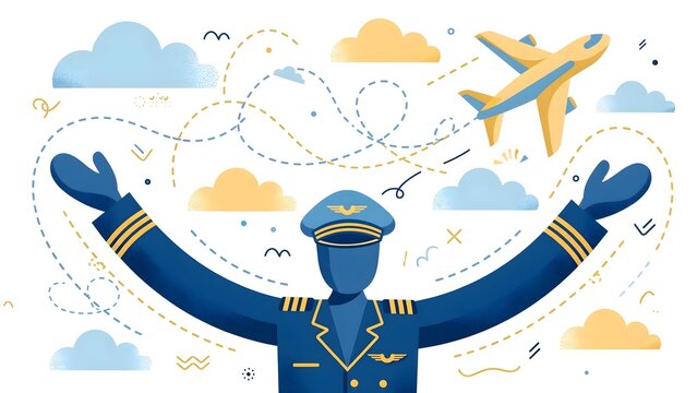 Modern Alegria Airline Pilot Sweeping Arms Guiding Stylized Vector Airplane Clouds Flight Paths Soft Sky Blue Gold Palette Isolated White Background