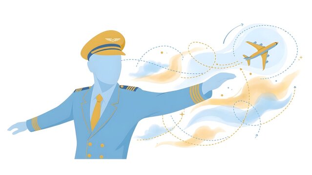 Modern Alegria Airline Pilot Sweeping Arms Guiding Stylized Vector Airplane Clouds Flight Paths Soft Sky Blue Gold Palette Isolated White Background