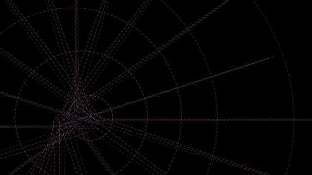 Concentric dashed circles and radial lines forming a looping geometric wireframe pattern on a black background.