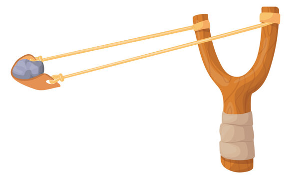 Slingshot cartoon icon. Kid toy with stone ammo