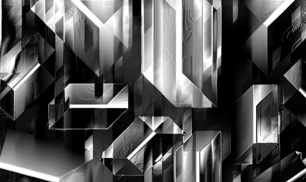 3dで幾何学的な箱の形等のキューブが並ぶ模様でメタルの質感もあるイラストの壁紙