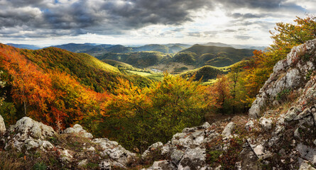 Fototapeta premium Panorama showcases vibrant autumn foliage covering rolling hills and valleys under a clear blue sky. The sun sets, casting golden light across the landscape