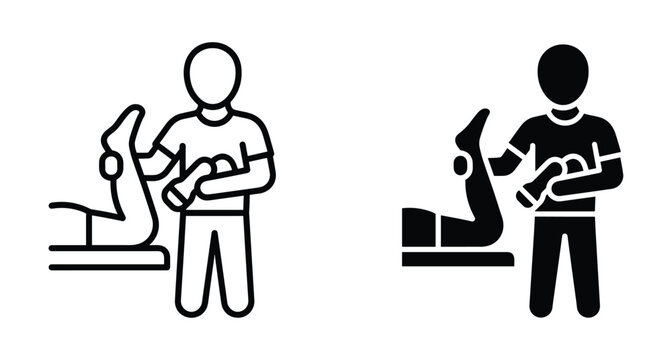 Physical therapist assisting patient with leg rehabilitation exercises in outline and solid style