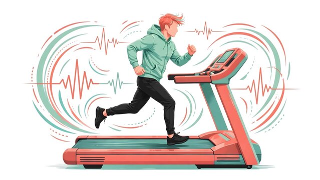 Fitness Trainer Alegria Style Running Treadmill Pulse Waves White Background