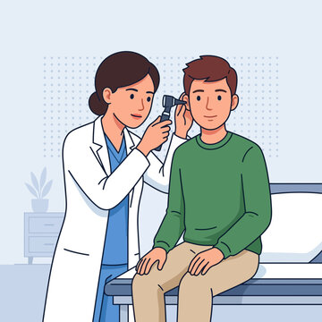 Doctor examining patient's ear with otoscope in medical clinic, illustration