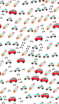 Cartoon cars and rockets seamless pattern