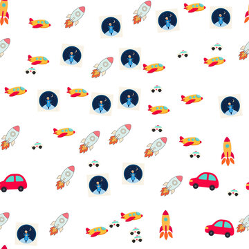 Cartoon vehicles and space rockets seamless pattern