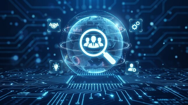 Digital recruitment globe with human resources icons on circuit board with glowing holographic globe