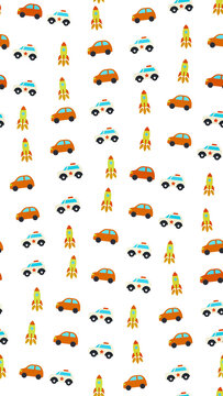 Seamless pattern of cartoon cars and rockets