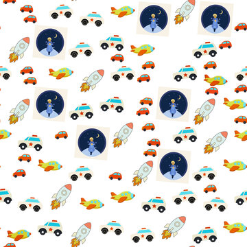 Seamless pattern of cartoon vehicles and night scooter scene