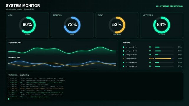 Digital dashboard display showing server infrastructure health monitoring with real-time analytics, metrics, system load trends, and network traffic data