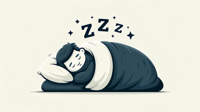 Cartoon character resting deeply in bed. Sleeping and dreaming while tucked under a cozy blanket. Floating zzz letters and stars above the head symbolize peaceful slumber in a cute. Simple animation