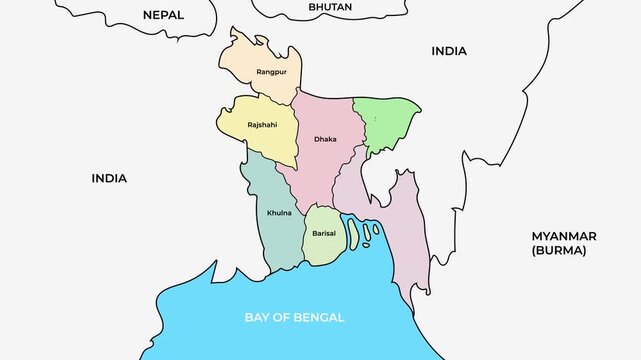 Bangladesh map with divisions and districts, South Asia country regional boundaries animation on white background